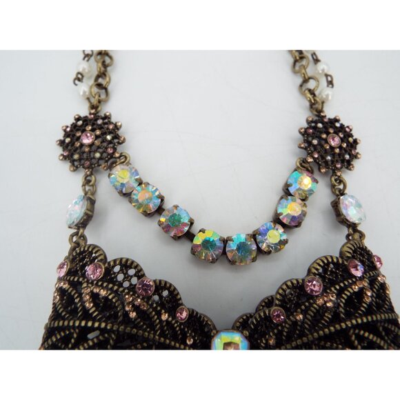 Betsey Johnson Large Bow Pink Crystal Rhinestone Faux Pearl Statement Necklace - Picture 7 of 10